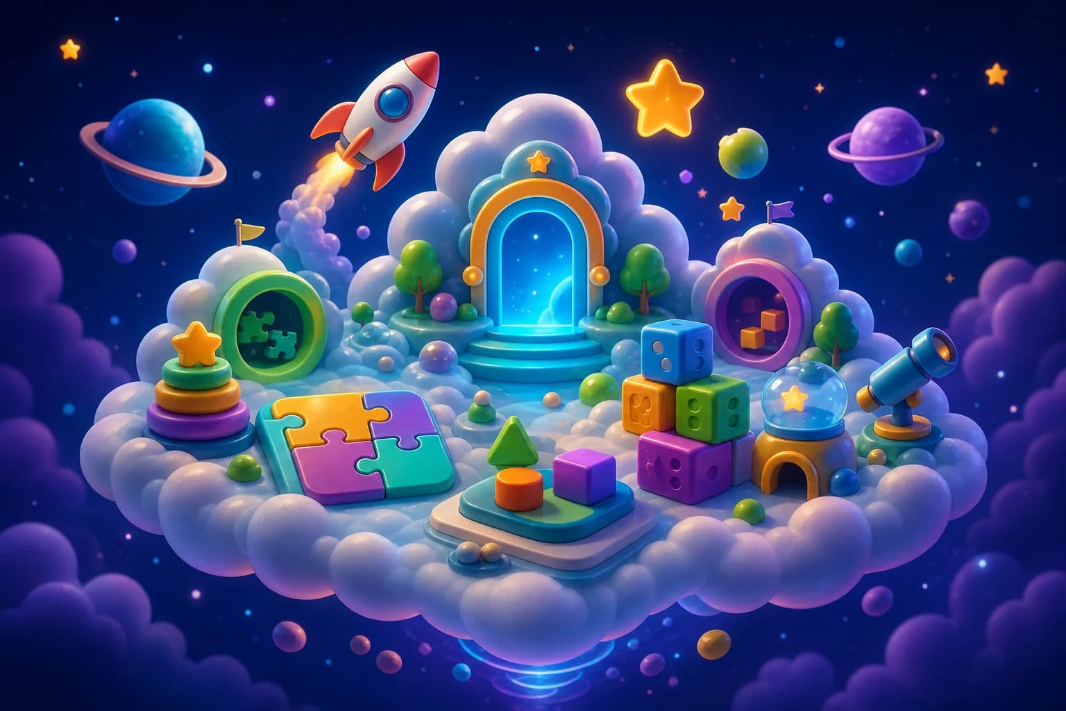 A colourful cloud world filled with puzzles, planets and learning games